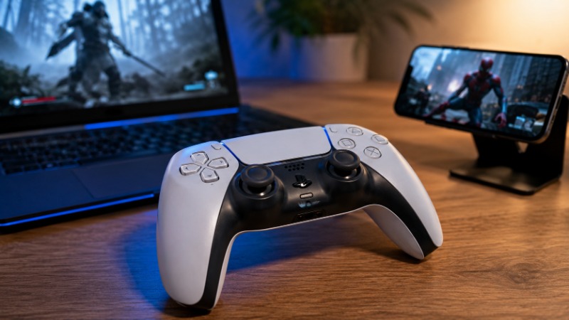 Ovladač DualSense pro PlayStation 5 položený vedle telefonu a notebooku