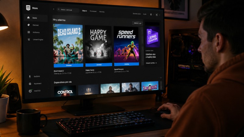 Herní počítač s otevřeným Epic Games Store a nabídkou týdenní hry zdarma