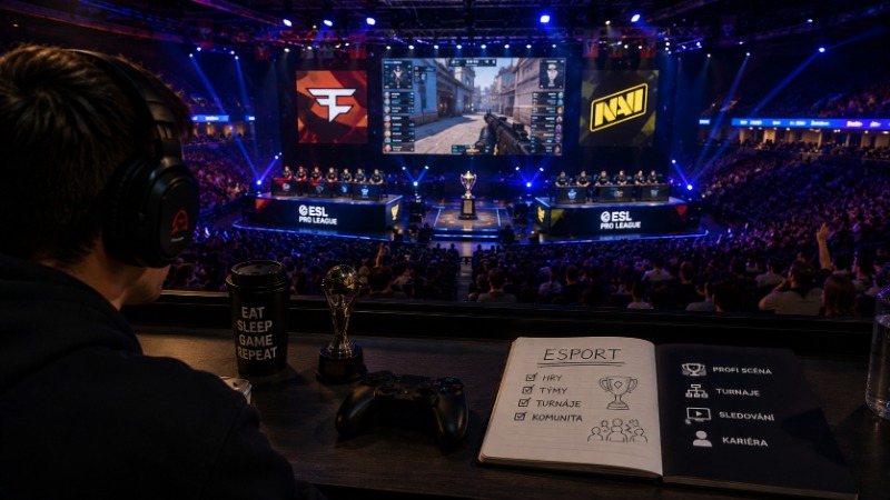 Profesionální e-sportový tým hraje na turnaji před publikem s velkoplošnou obrazovkou