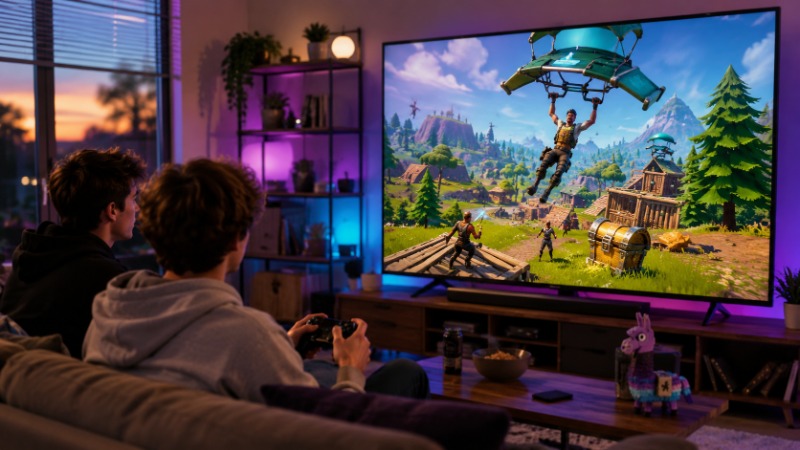 Skupina barevných kreslených postav ve stylu hry Fortnite přistává na ostrově z létajícího autobusu