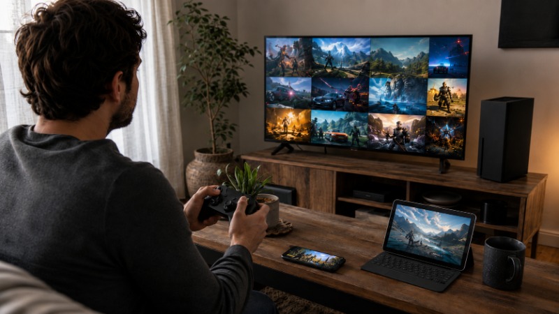 Obrazovka Xbox Game Pass s nabídkou her na televizi v obývacím pokoji
