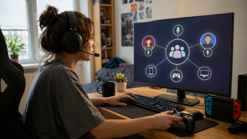 Skupina kamarádů hraje online v headsetech, symbol hlasového chatu a party