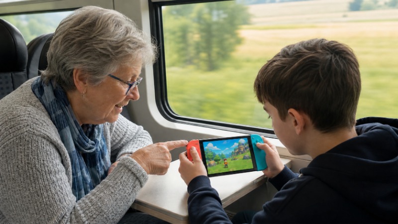 Nováček drží konzoli Nintendo Switch s nasazenými ovladači Joy-Con, vedle na stolku stojí dokovací stanice připojená k televizi