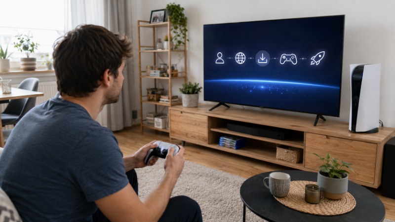 Nováček drží ovladač DualSense před zapnutou konzolí PlayStation 5 a televizí