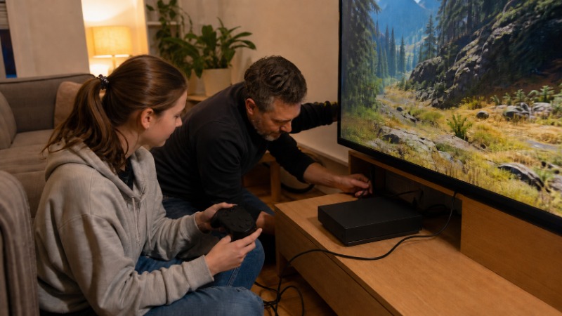Nováček drží ovladač Xboxu před televizí s domovskou obrazovkou konzole Xbox Series S