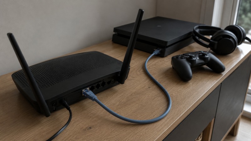 Herní router s LED podsvícením a zapojený síťový kabel jako symbol stabilního připojení pro online hraní