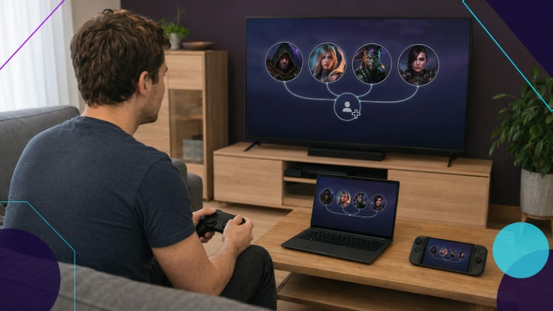 Ovladače od PlayStationu, Xboxu a klávesnice pohromadě jako symbol hraní napříč platformami
