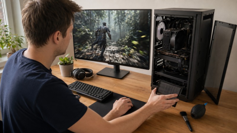 Herní PC s otevřeným menu grafických nastavení a počítadlem FPS v rohu obrazovky