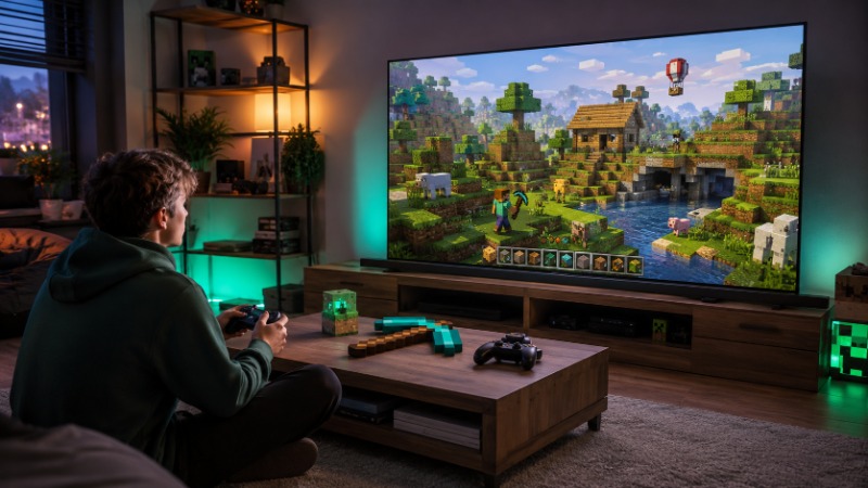 Krajina poskládaná z hranatých bloků ve stylu hry Minecraft s postavou při stavění