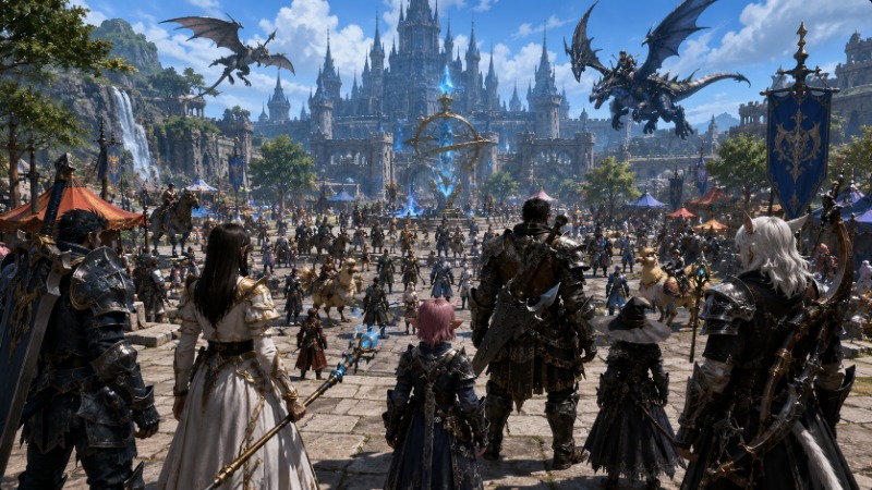 Ilustrace skupiny fantasy postav v online světě MMORPG