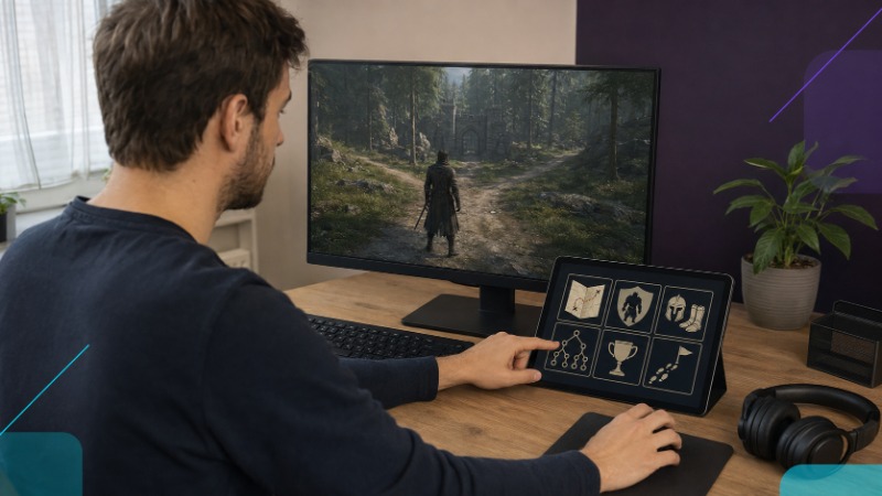 Hráč u počítače s otevřeným herním návodem na druhém monitoru