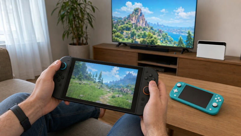 Herní konzole Nintendo Switch s odnímatelnými ovladači Joy-Con položená vedle dokovací stanice u televize