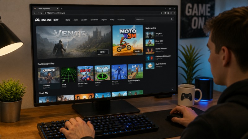Notebook s rozehranou prohlížečovou hrou a otevřenými dalšími kartami her