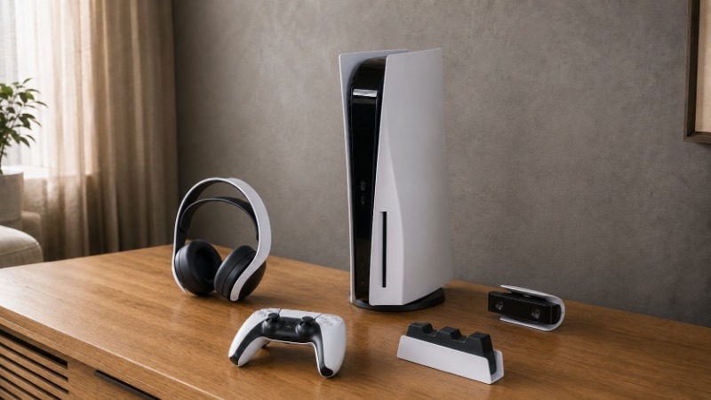 Konzole PlayStation 5 s ovladačem DualSense položená u televize v obývacím pokoji