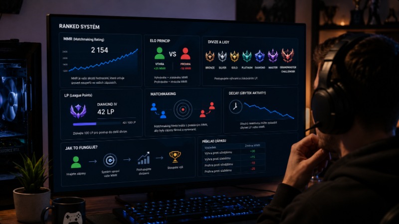 Obrazovka s žebříčkem ranked divizí a bodovým hodnocením hráčů v online hře