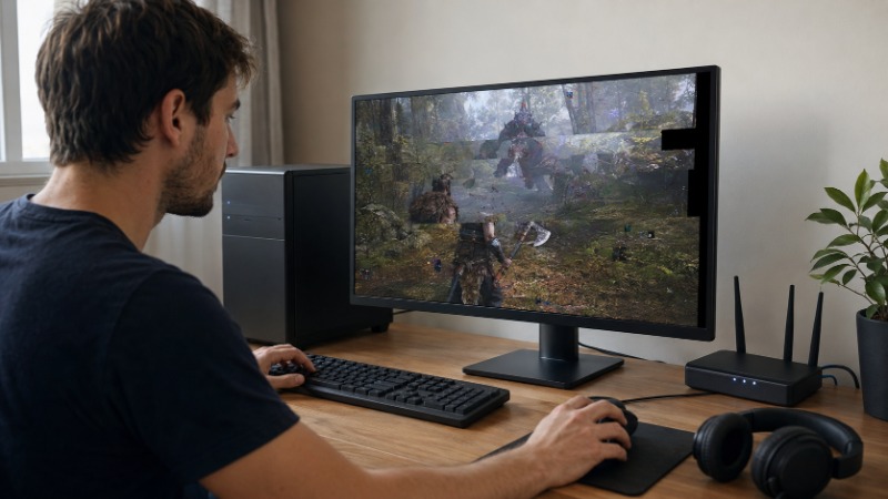 Hráč u počítače řeší chybové hlášení a padání hry na monitoru