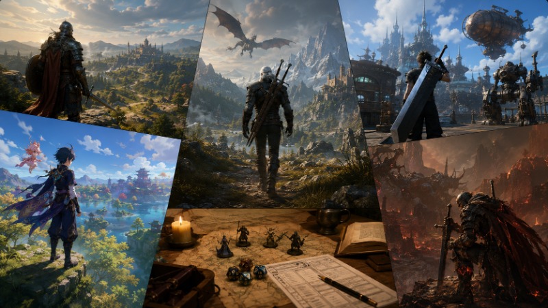 Ilustrace hrdiny RPG hry s mečem a inventářem vybavení