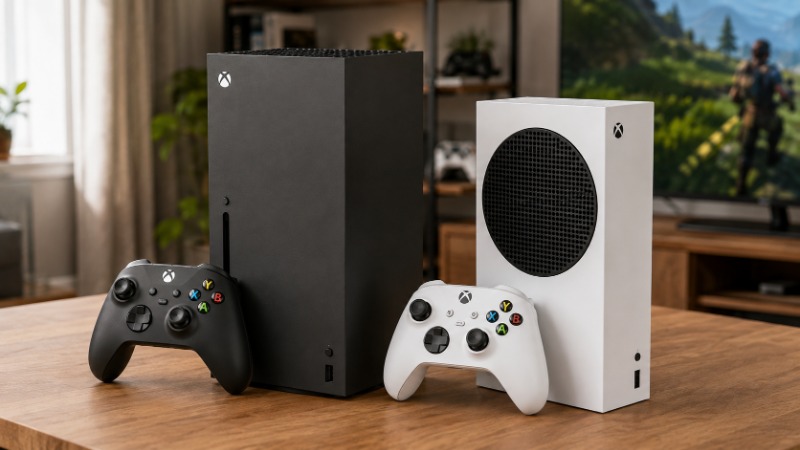 Xbox Series X a menší Xbox Series S vedle sebe na stolku pod televizí