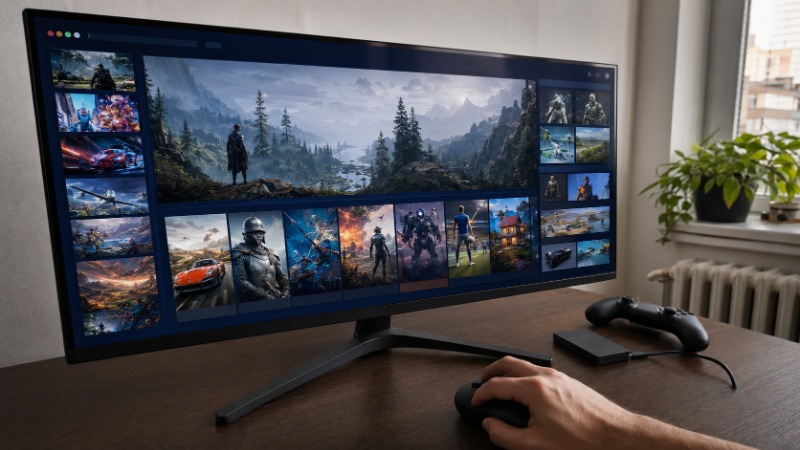 Herní PC s otevřenou knihovnou Steamu a seznamem nainstalovaných her