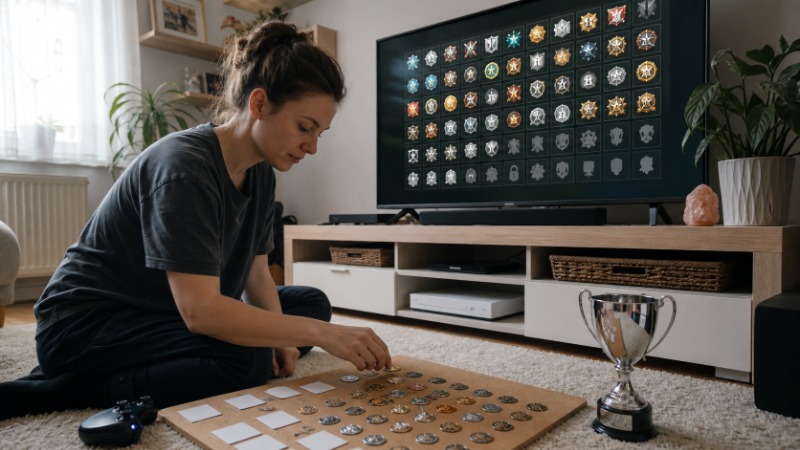 Obrazovka se seznamem herních trofejí a platinovou trofejí, vedle leží ovladač