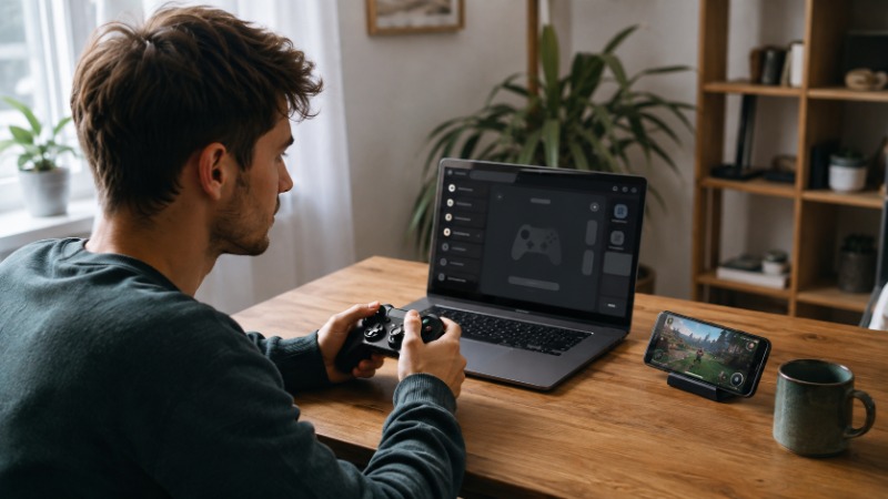 Xbox ovladač položený vedle notebooku a telefonu při párování přes Bluetooth
