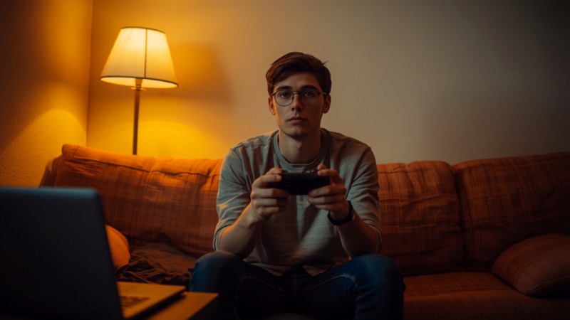 Mladý muž s herním ovladačem v rukou sedí večer na pohovce v obývacím pokoji, na stolku před ním leží notebook